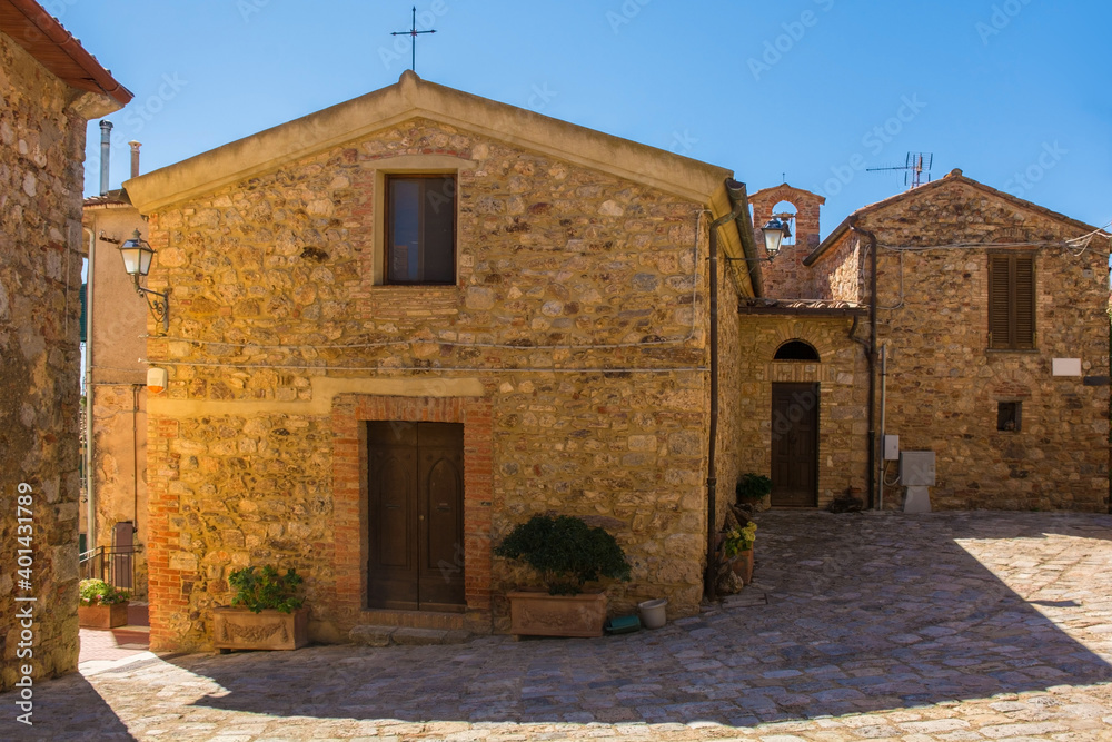 Historic stone buildings in the village of Montorsaio in Tuscany, part of Campagnatico in Grosseto province
