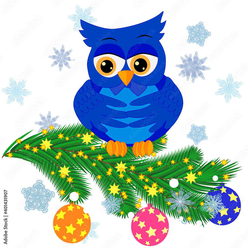 Greeting Christmas card Cute Cartoon Owl with Christmas tree on a blue background. Greeting Christmas card Cute Cartoon Owl with Christmas tree on a blue background.