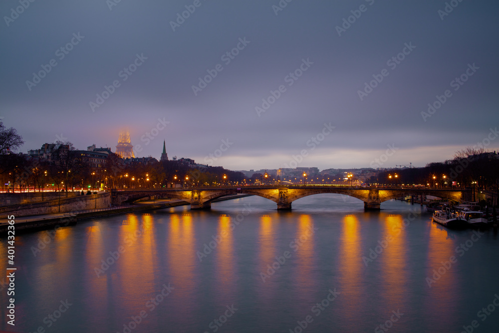 landscape with eiffel tower, fog and Seine river