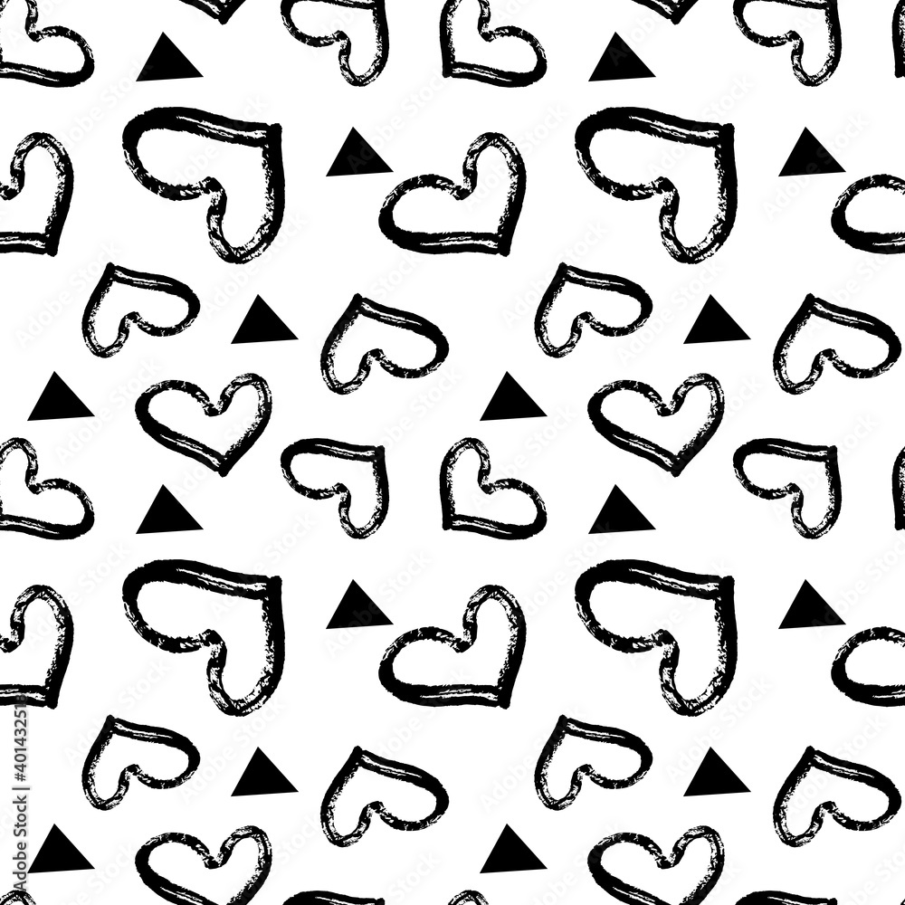 Textured abstract black and white heart seamless pattern. Romantic monochrome girlish design for wrapping paper, textile design, backgrounds and backdrops.
