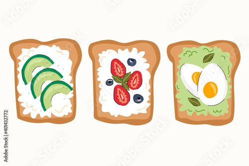 Tasty breakfast. Healthy food concept. Various toasts. Boiled eggs, avocado toast, strawberries, blueberries, cream cheese. Colored vector set isolated on white background