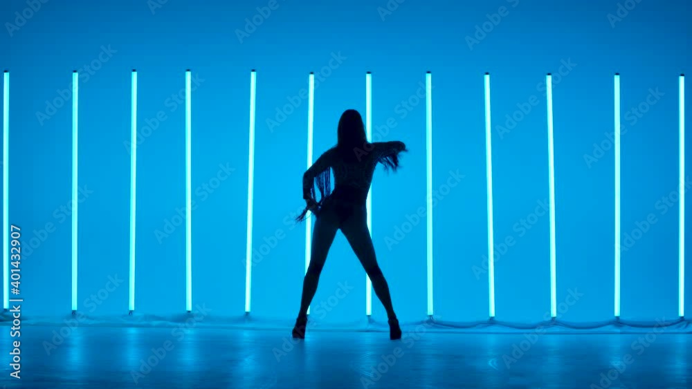 Silhouette of an attractive woman dancing passionately in the studio against a background of multicolored neon lights. Close up. Silhouette of an attractive woman dancing passionately in the studio against a background of multicolored neon lights. Close up.