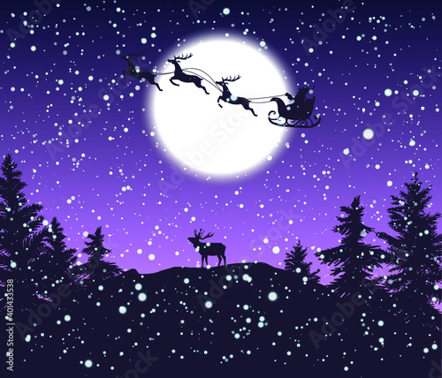elk watching Santa Claus and his reindeer sleigh flying over the forest, snowy Christmas night