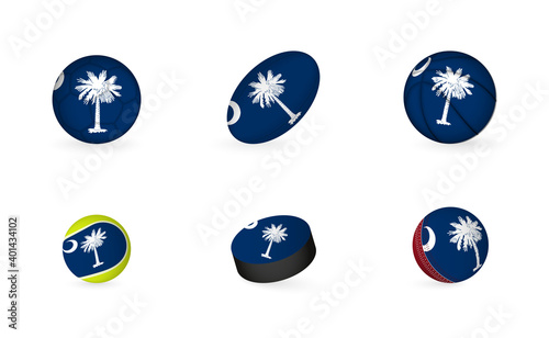 Sports equipment with flag of South Carolina. Sports icon set.