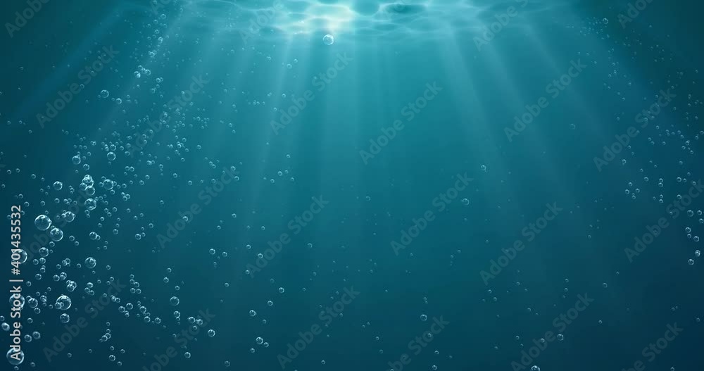 Underwater background with water bubbles and undersea light rays shine
