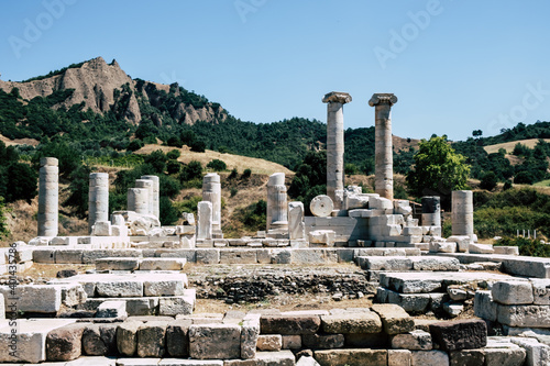 Columns in the ancient city of thousands of years. Ancient columns in Laodikeia. Laodikeia ancient city Pamukkale, Denizli.