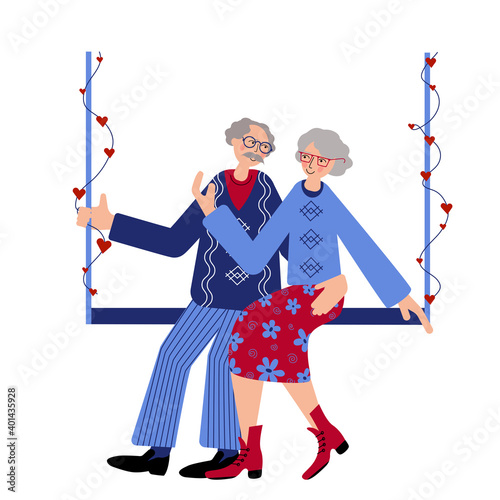 Seniors couple is swinging on the swings decorated with hearts. Live tigether. Seniors couple are celebrating Valentine's day.