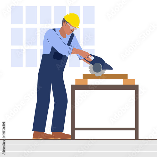 A worker cuts wood with a hand-held circular saw. A man in blue overalls and a yellow hard hat in a carpentry workshop. Carpenter sawing a wooden board on a table.  Construction, contract work. Vector