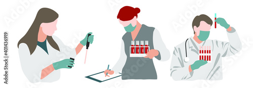 vector set of scientists in masks and gloves with flask of blood