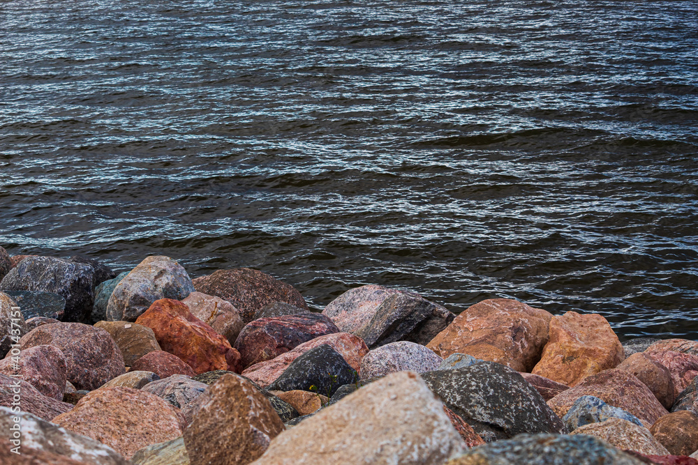 Stone seashore. Large texture stones on the seaside. Seascape Stone seashore. Large texture stones on the seaside. Seascape