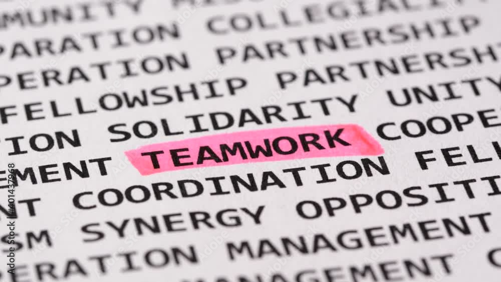 Word Teamwork highlighted with a pink marker. Highlighter among different Teamwork association terms Word Teamwork highlighted with a pink marker. Highlighter among different Teamwork association terms
