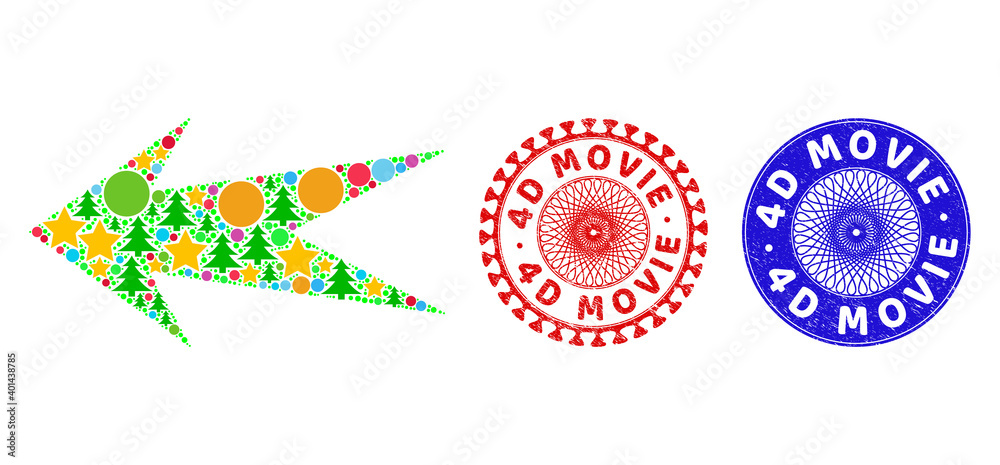 Arrow left mosaic of Christmas symbols, such as stars, fir trees, multicolored spheres, and 4D MOVIE textured watermarks. Vector 4D MOVIE watermarks uses guilloche pattern, Arrow left mosaic of Christmas symbols, such as stars, fir trees, multicolored spheres, and 4D MOVIE textured watermarks. Vector 4D MOVIE watermarks uses guilloche pattern,