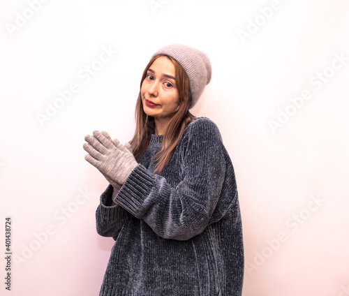 Girl in grey clothes isolated on white background