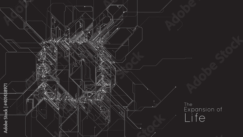 Expansion of Cyber life. Vector AI neuron network. Small particles defined motion. Organic geometric growth of tentacles. Space colonization. Burst, explosion backdrop.