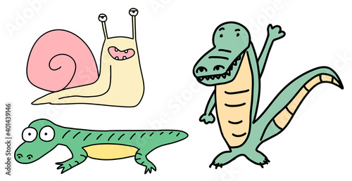 Doodle animals set. Snail, Lizard, Crocodil . Hand drawn lines cartoon character vector collection isolated on white background.