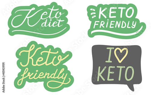Keto Diet, friendly, lettering calligraphy set. Ketogenic food concept. Logo, badge, poster, banner template. Lettering calligraphy collection. Vector handwritten brush trendy sticker with text 