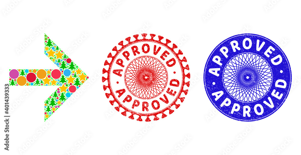 Arrow right composition of Christmas symbols, such as stars, fir-trees, bright balls, and APPROVED corroded seals. Vector APPROVED imprints uses guilloche ornament, designed in red and blue versions. Arrow right composition of Christmas symbols, such as stars, fir-trees, bright balls, and APPROVED corroded seals. Vector APPROVED imprints uses guilloche ornament, designed in red and blue versions.