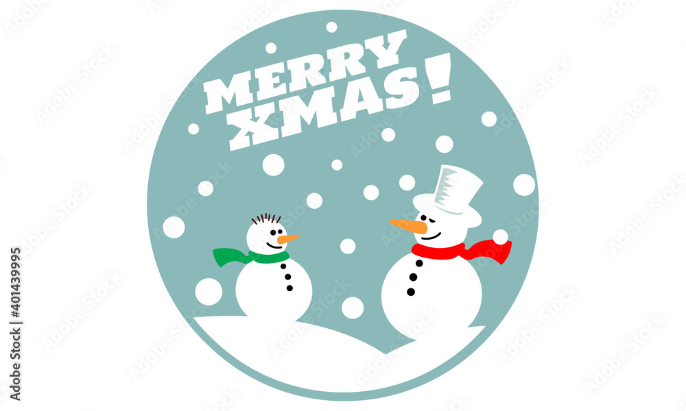 Two snowmen with scarves, large and small, on a snowy slope during a snowfall. The inscription Merry Christmas above them Two snowmen with scarves, large and small, on a snowy slope during a snowfall. The inscription Merry Christmas above them