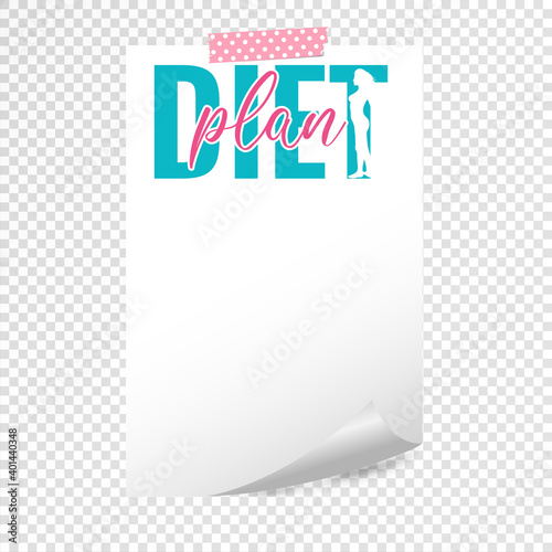 Diet plan paper sticker with female silhouette on white background. Weight loss program steps empty space. Vector illustration
