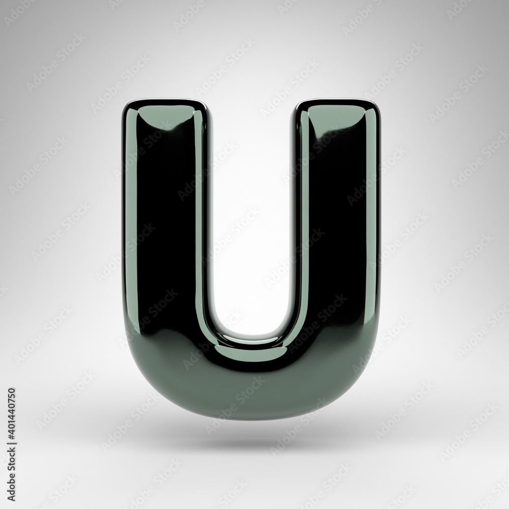 Letter U uppercase on white background. Green chrome 3D letter with glossy surface. Letter U uppercase on white background. Green chrome 3D letter with glossy surface.