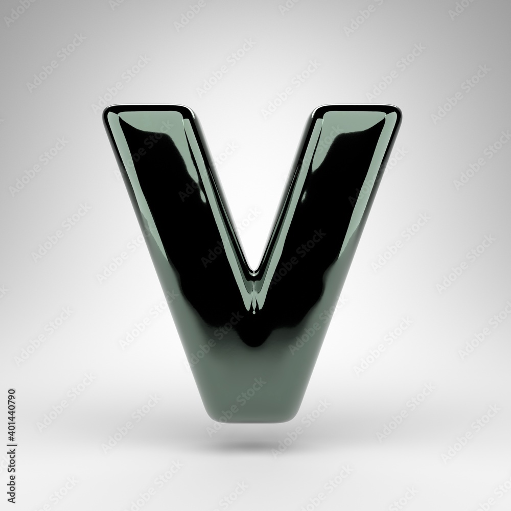 Letter V uppercase on white background. Green chrome 3D letter with glossy surface. Letter V uppercase on white background. Green chrome 3D letter with glossy surface.