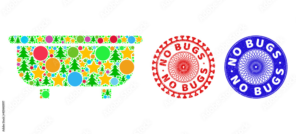 Fototapeta premium Bathtub mosaic of New Year symbols, such as stars, fir-trees, multicolored circles, and NO BUGS dirty seals. Vector NO BUGS seals uses guilloche pattern, designed in red and blue variants. Stars,