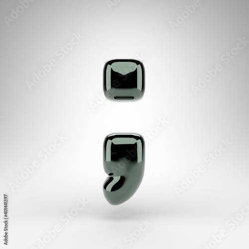 Semicolon symbol on white background. Green chrome 3D sign with glossy surface.