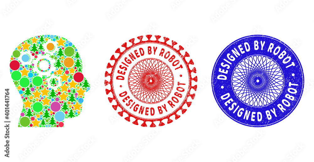 Brain mechanics mosaic of Christmas symbols, such as stars, fir-trees, bright circles, and DESIGNED BY ROBOT rubber seals. Vector DESIGNED BY ROBOT imprints uses guilloche ornament, Brain mechanics mosaic of Christmas symbols, such as stars, fir-trees, bright circles, and DESIGNED BY ROBOT rubber seals. Vector DESIGNED BY ROBOT imprints uses guilloche ornament,