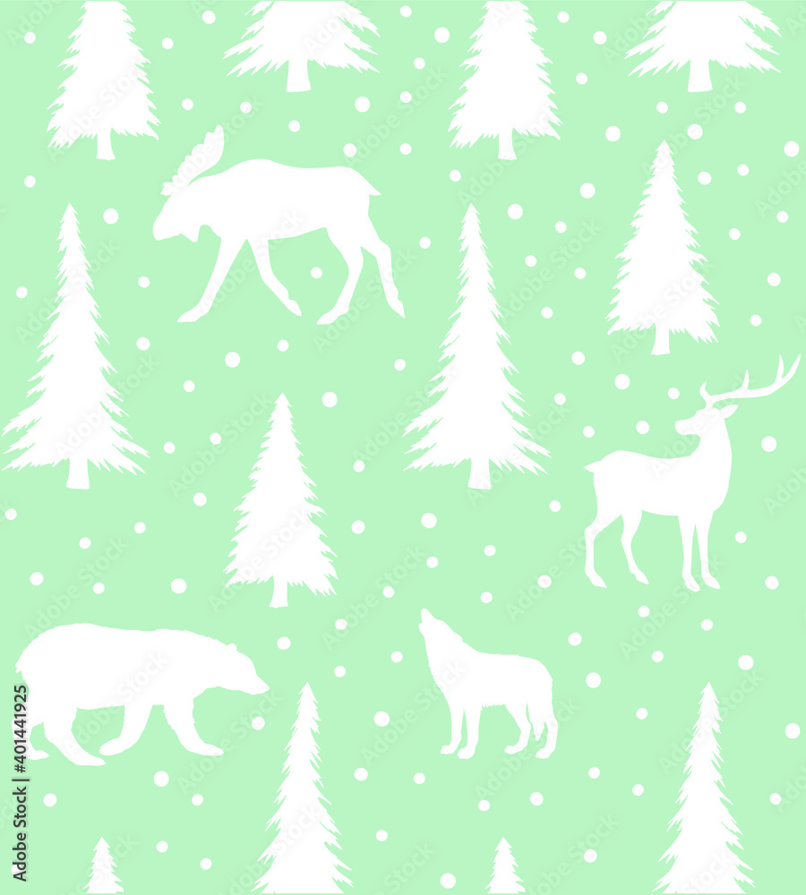 Vector seamless pattern of white hand drawn forest animals and spruce trees silhouette isolated on mint background Vector seamless pattern of white hand drawn forest animals and spruce trees silhouette isolated on mint background