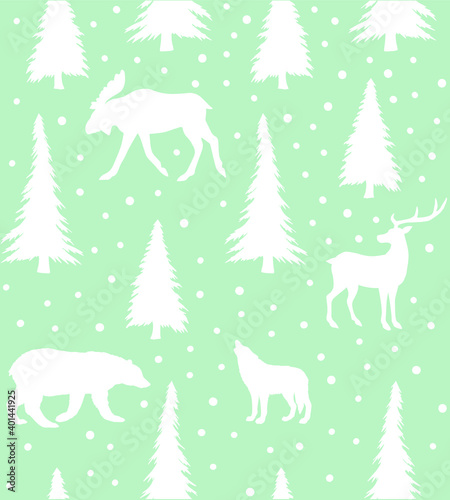 Vector seamless pattern of white hand drawn forest animals and spruce trees silhouette isolated on mint background