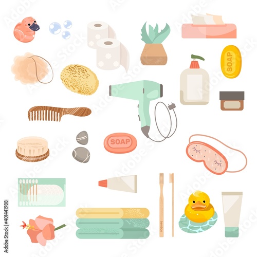 Set of bathroom equipments illustration. Vector icons of human body hygiene equipment for bathroom interior design