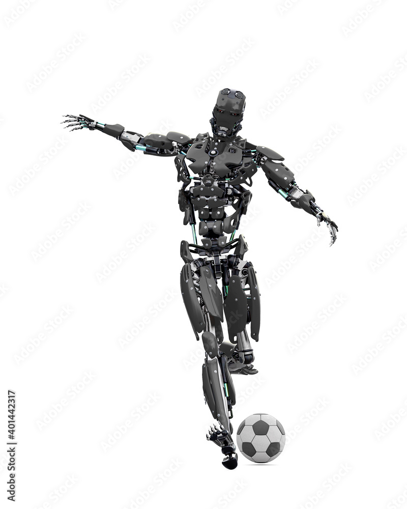master cyber robot is kicking the football ball