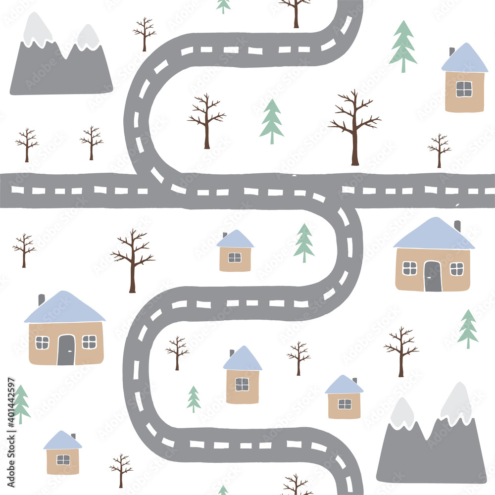 Vector seamless pattern of hand drawn doodle flat country landscape isolated on white background