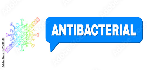 Antibacterial and cancel coronavirus vector. Rainbow colored mesh cancel coronavirus, and chat Antibacterial bubble frame. Conversation colored Antibacterial bubble has shadow.