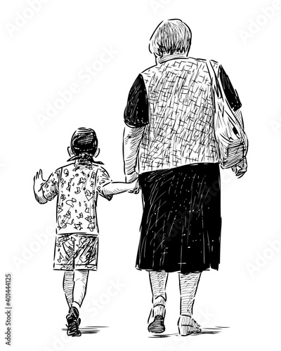 Sketch of elderly woman with her grandson walking for a stroll