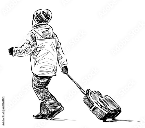 Sketch of little schoolboy with bag walking along street