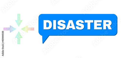 Disaster and compress arrows vector. Rainbow vibrant mesh compress arrows, and chat Disaster cloud frame. Chat colored Disaster bubble has shadow.