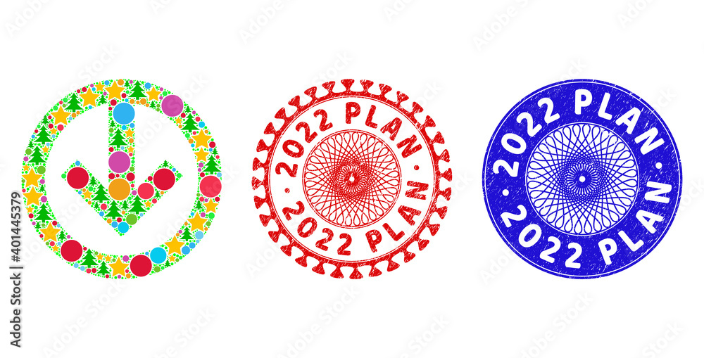 Direction down mosaic of New Year symbols, such as stars, fir trees, color spheres, and 2022 PLAN rubber stamp prints. Vector 2022 PLAN stamp seals uses guilloche ornament, Direction down mosaic of New Year symbols, such as stars, fir trees, color spheres, and 2022 PLAN rubber stamp prints. Vector 2022 PLAN stamp seals uses guilloche ornament,