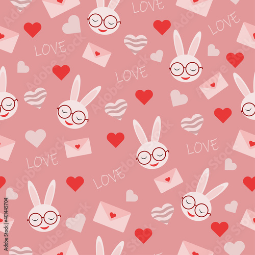 seamless vector pattern with heart shapes pink envelope with rabbit in glasses and inscription love for valentines day holiday