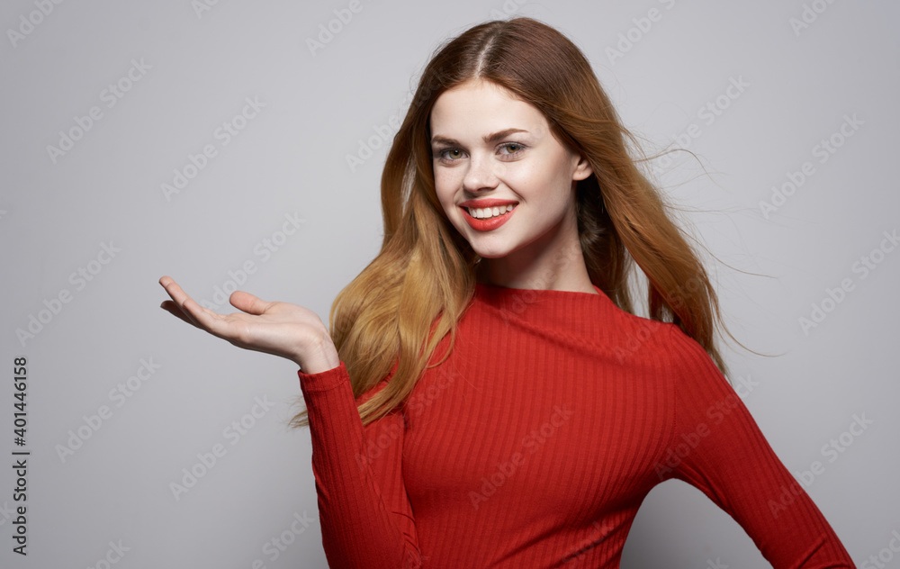 Pretty woman gestures with her hands Model Copy Space emotions Pretty woman gestures with her hands Model Copy Space emotions