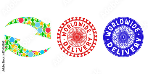 Exchange arrows collage of New Year symbols, such as stars, fir trees, color spheres, and WORLDWIDE DELIVERY textured seals. Vector WORLDWIDE DELIVERY stamp seals uses guilloche pattern,