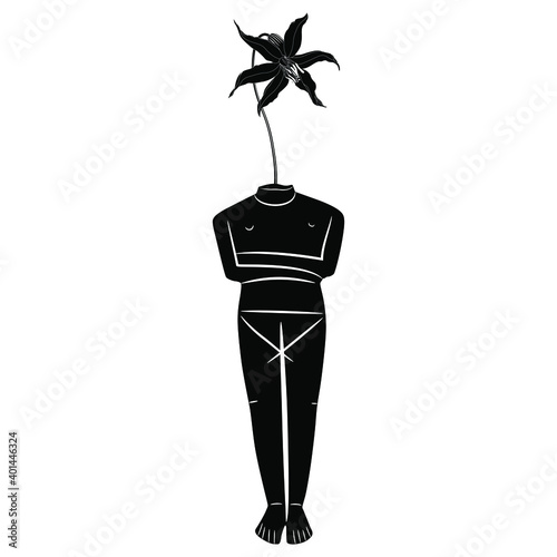 Figurine of ancient goddess with lily flower as her head. Cycladic idol. Black and white silhouette. Creative concept for woman and nature and spring renewal. Persephone.