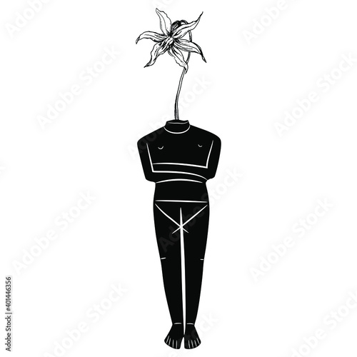 Figurine of ancient goddess with lily flower as her head. Cycladic idol. Black and white silhouette. Creative concept for woman and nature and spring renewal. Persephone.