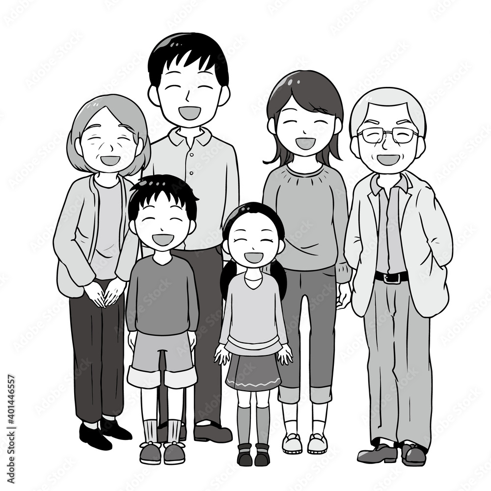 笑顔の6人家族 モノクロ 笑顔の6人家族 モノクロ