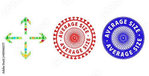 Expand arrows collage of New Year symbols, such as stars, fir-trees, colored balls, and AVERAGE SIZE rough stamp seals. Vector AVERAGE SIZE stamp seals uses guilloche pattern,