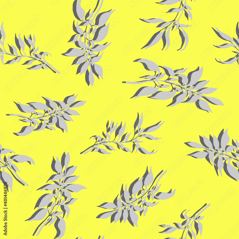Fototapeta premium Grey leaves on yellow background. Vector illustration. Seamless pattern.