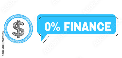 Speech 0% Finance blue cloud frame and wire frame finance. Frame and colored area are shifted for 0% Finance label, which is located inside blue colored speech balloon.