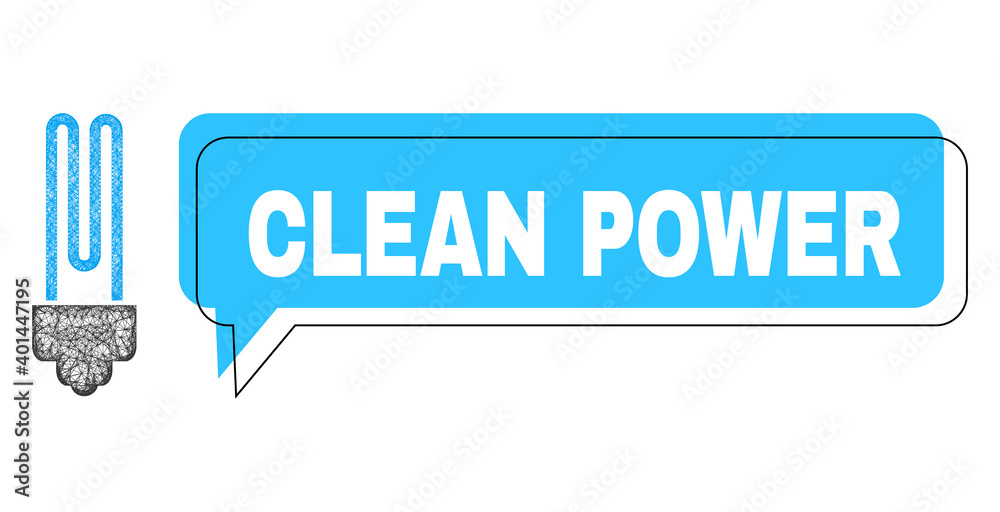 Chat Clean Power blue cloud message and wire frame fluorescent bulb. Frame and colored area are misplaced for Clean Power phrase, which is located inside blue colored cloud.