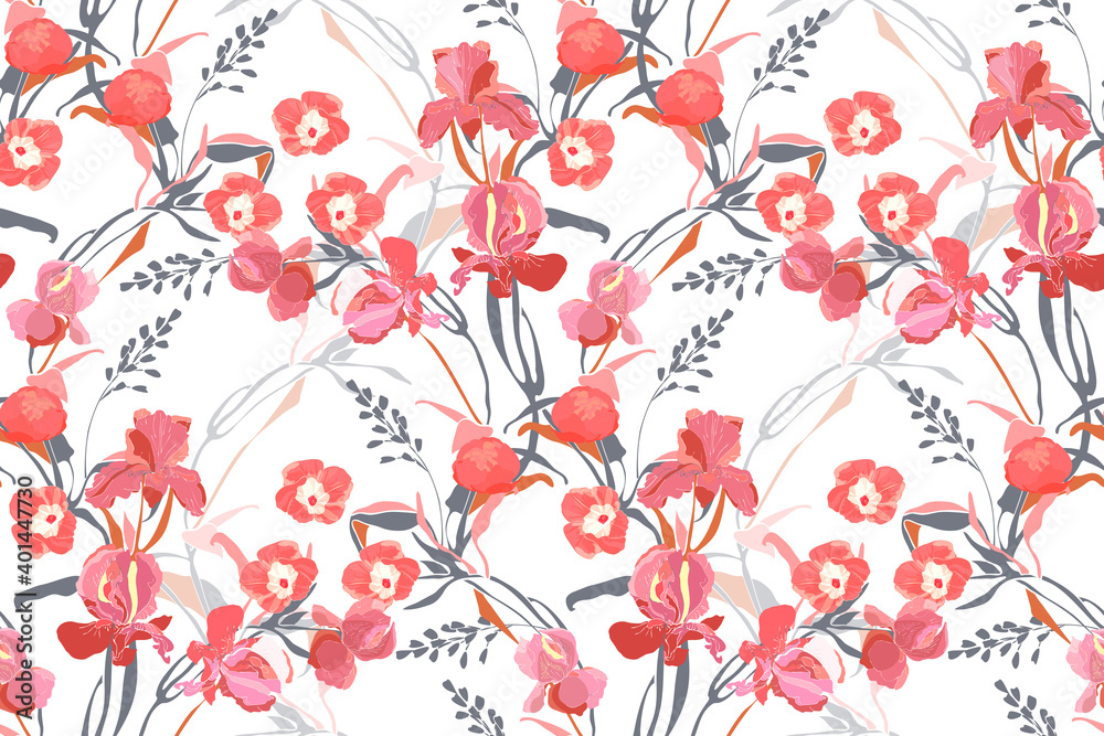 Art floral vector seamless pattern. Pink ipomoea, peony, iris flowers, grey and orange branches, leaves isolated on white background. Tile pattern for fabric, interior textile, card. Art floral vector seamless pattern. Pink ipomoea, peony, iris flowers, grey and orange branches, leaves isolated on white background. Tile pattern for fabric, interior textile, card.