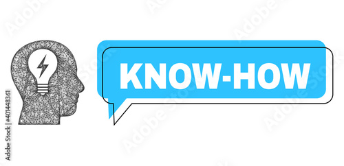Speech Know-How blue bubble frame and crossing mesh head bulb. Frame and colored area are shifted to Know-How phrase, which is located inside blue colored bubble.